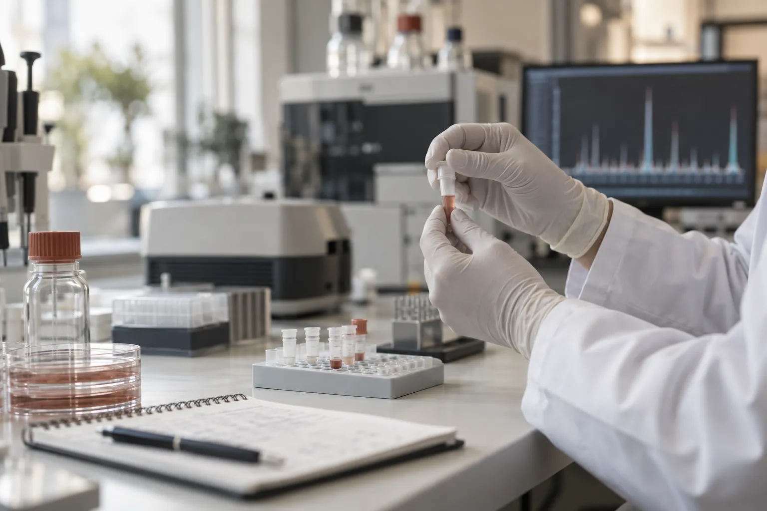 Investigadora procesando una muestra junto a una visualización de datos analíticos