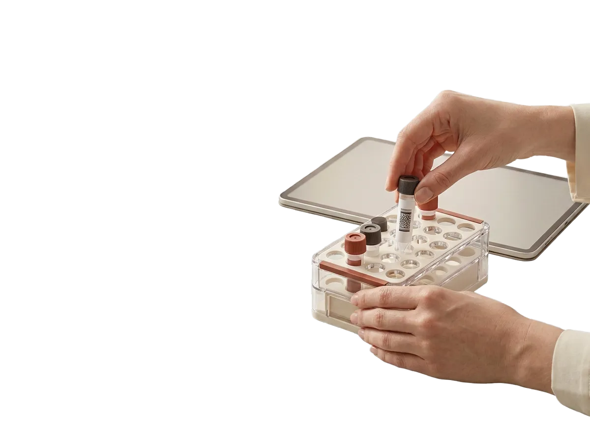 Professional coordinating identified samples and digital documentation for a biomedical study