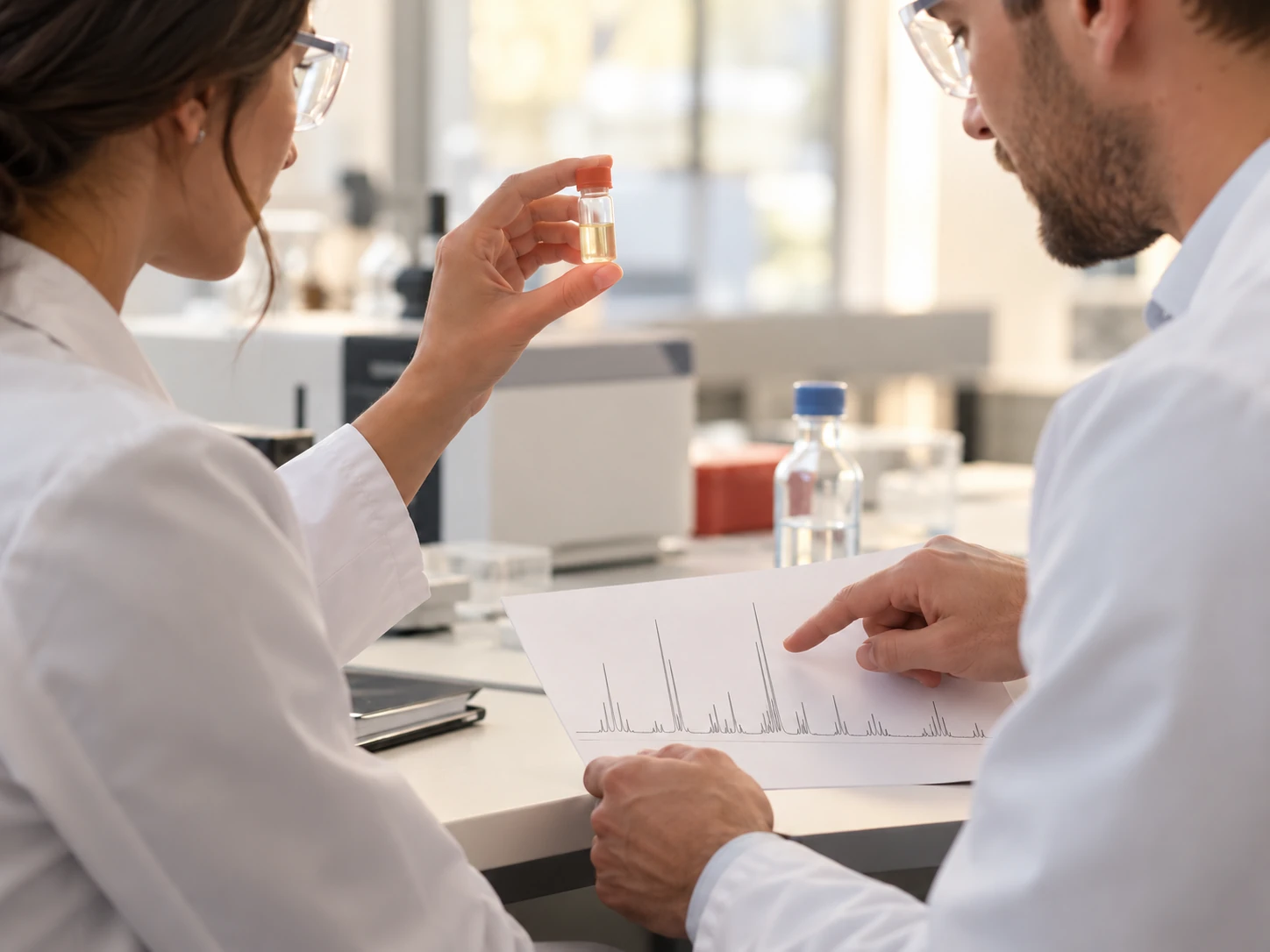 Two researchers examining a sample and an illustrative NMR spectrum