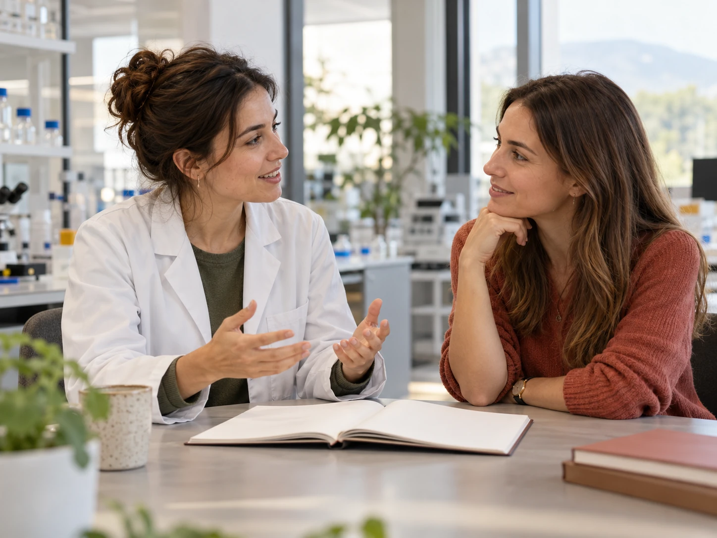 Illustrative scene of a scientist and a professional discussing a project