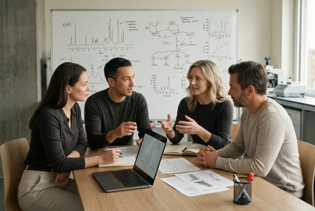 Scientific team working together on a biomedical project
