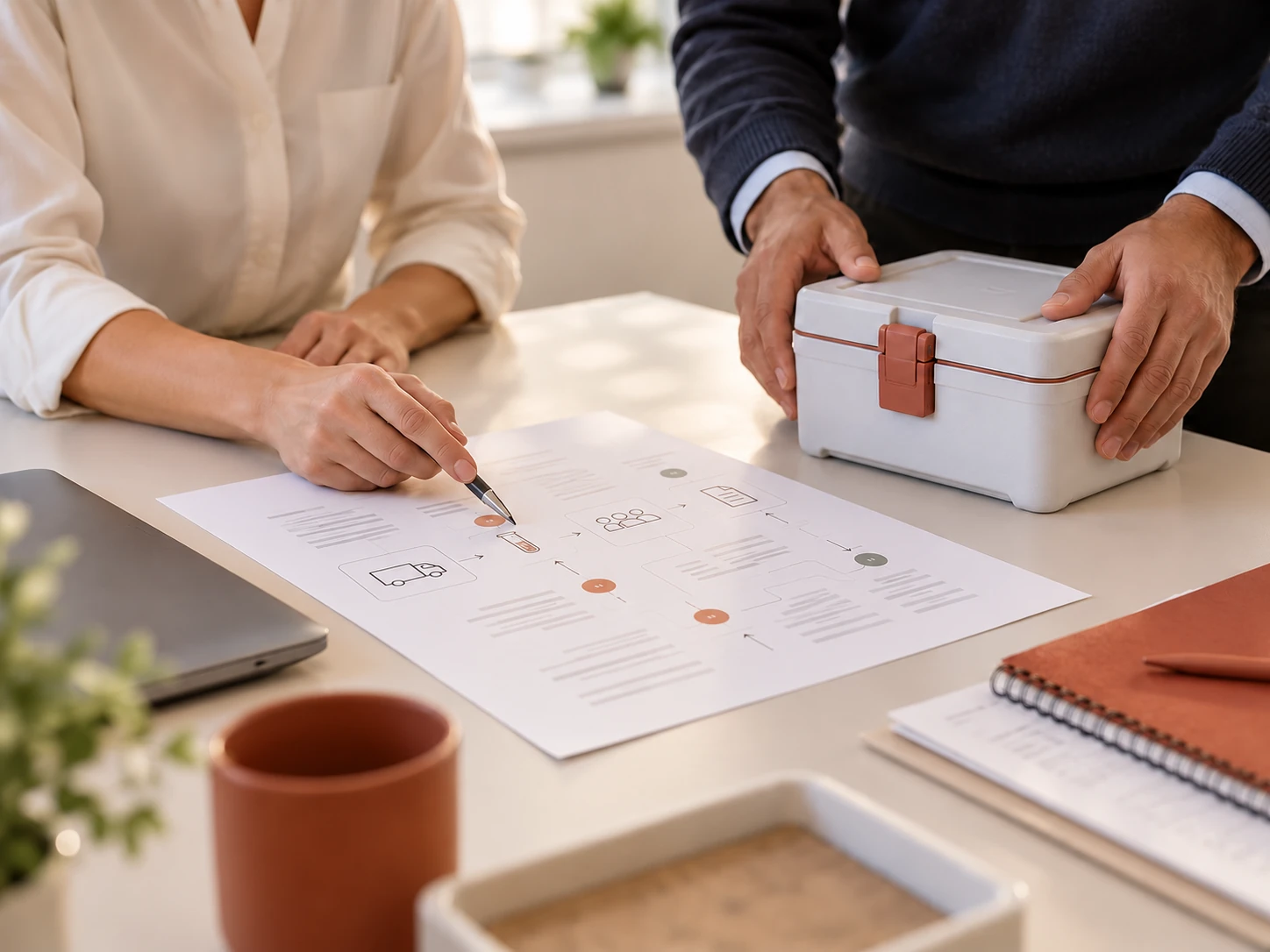 Two colleagues review an illustrative study workflow beside a sample transport container
