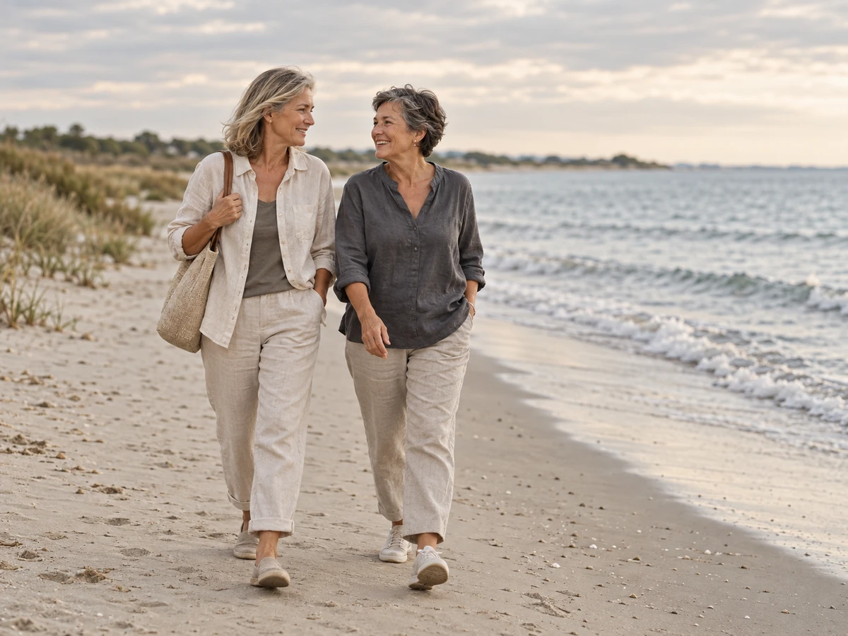 Two friends enjoying a walk by the sea on the Costa Daurada