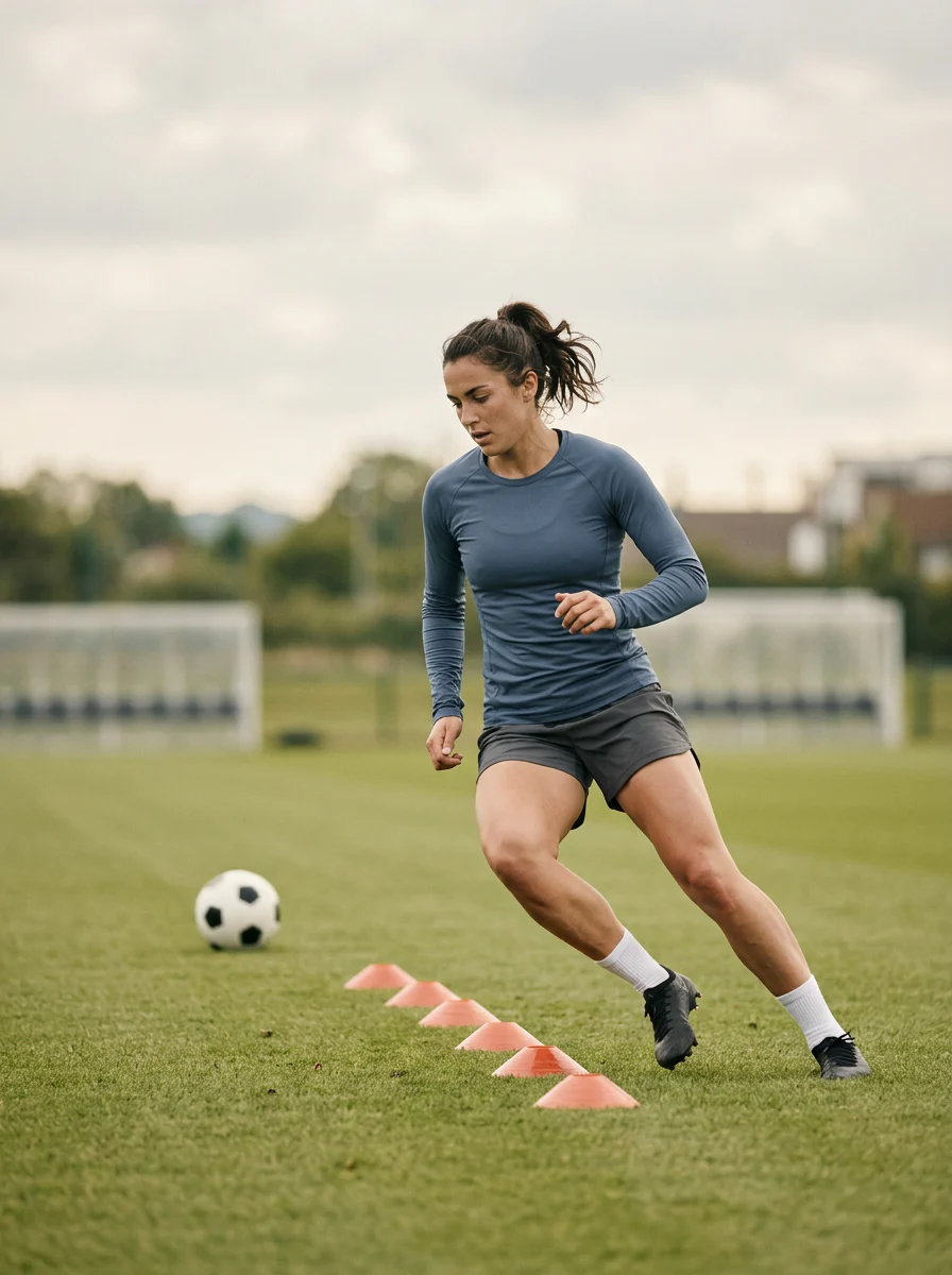 Football player doing a technical drill on the pitch